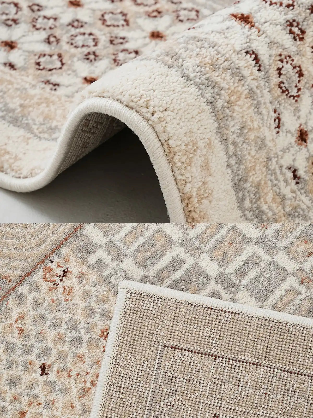 Close-up of soft pile texture and anti-slip backing of a vintage patterned area rug