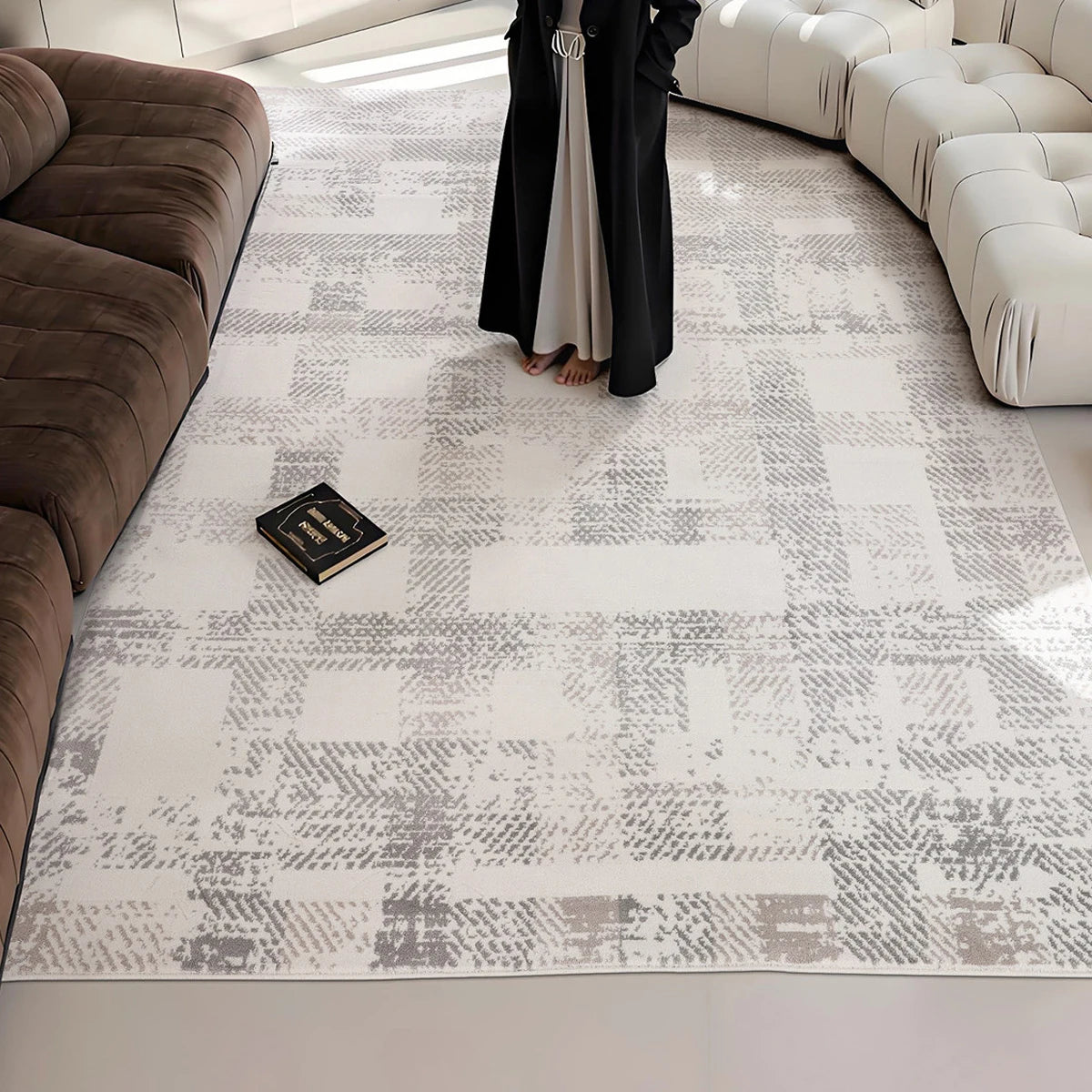 Tervannor 12mm thick cream geometric area rug in a modern living room