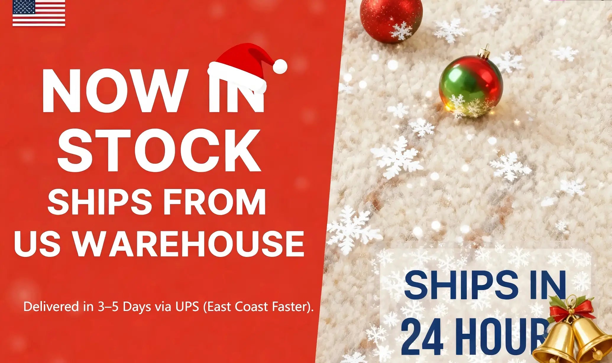 Holiday style rug shipping banner showing 3–5 day delivery from U.S. warehouse