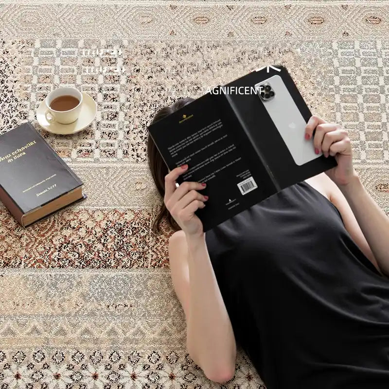 Close-up view of a vintage pattern rug showcasing soft texture, perfect for cozy reading and relaxing with coffee