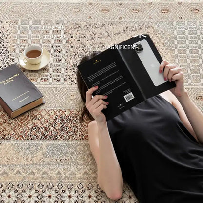 Close-up view of a vintage pattern rug showcasing soft texture, perfect for cozy reading and relaxing with coffee