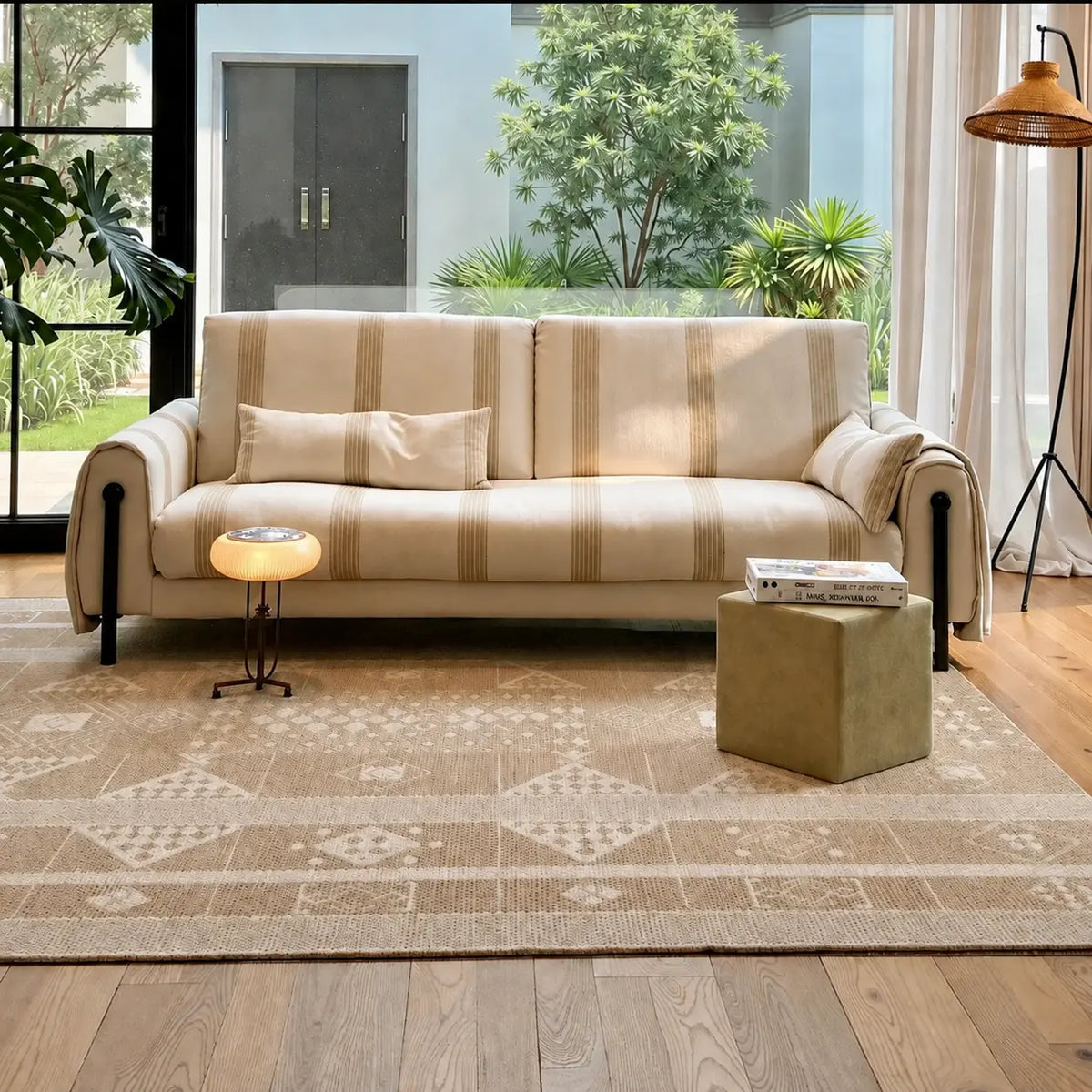 Warm beige geometric area rug in a bright living room with a cream striped sofa.