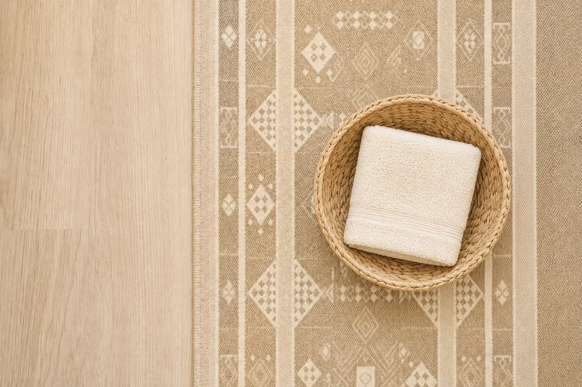 Warm beige geometric area rug beside light wood flooring with a woven basket and folded towel.