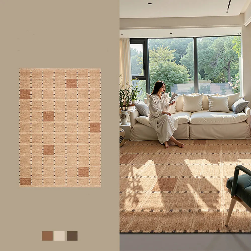 Wool blend area rug with color board and living room scene, showcasing beige caramel and brown tones