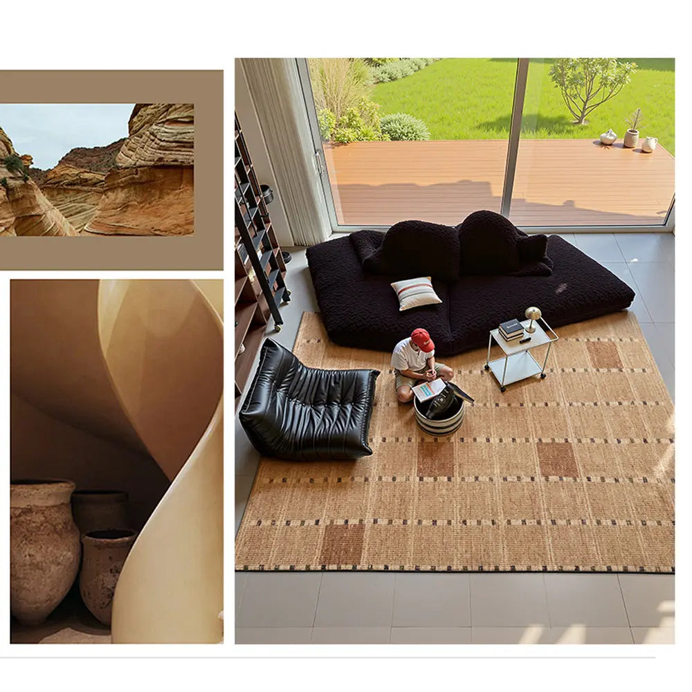 Earth tone collage featuring wool blend area rug in living space, inspired by desert textures and pottery hues