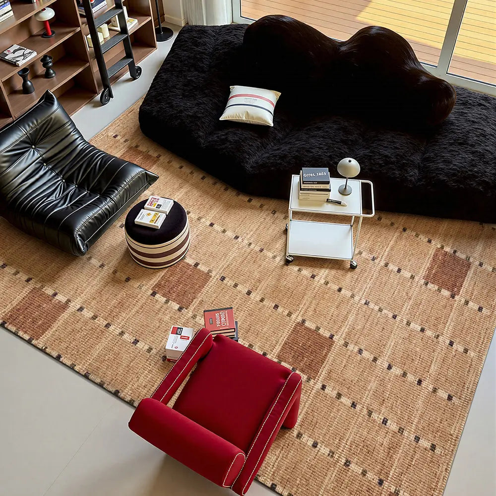 Wool blend area rug in modern living room, neutral plaid pattern with 12mm thick texture, pairs with black and red furniture