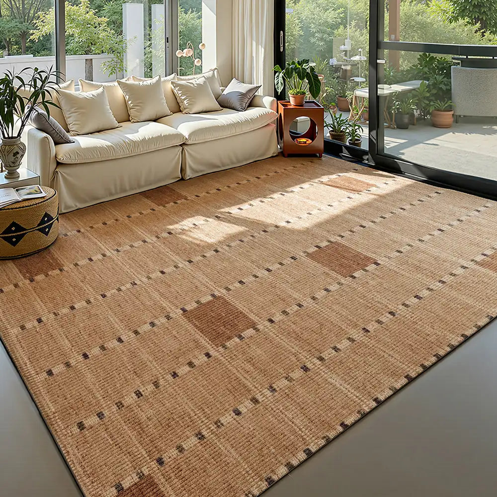 Modern living room with wool blend area rug, natural light highlighting 12mm loop texture and warm neutral palette