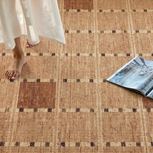 Wool blend area rug with warm neutral plaid design, 12mm thick soft loop texture, hand-bound edge