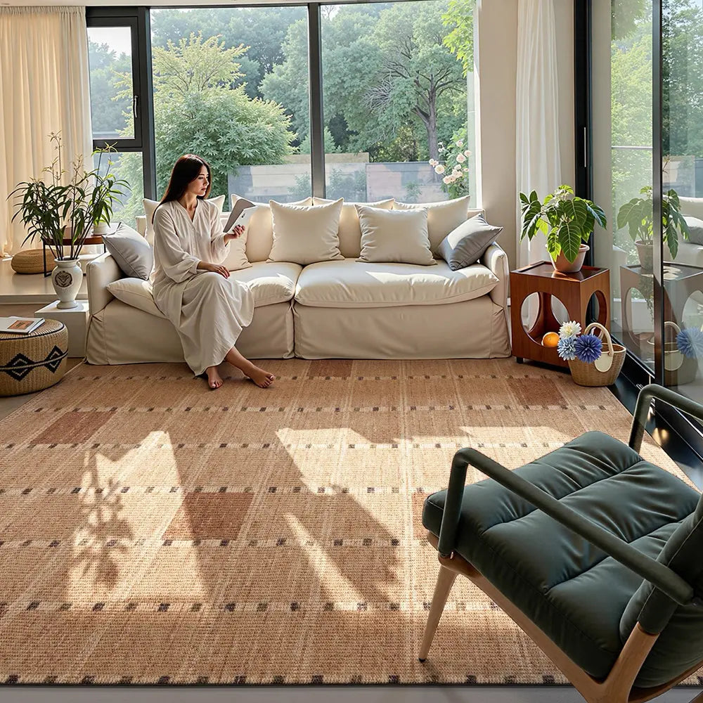 Wool blend area rug in sunlit living room, neutral tones and soft texture complement cream sofa and greenery