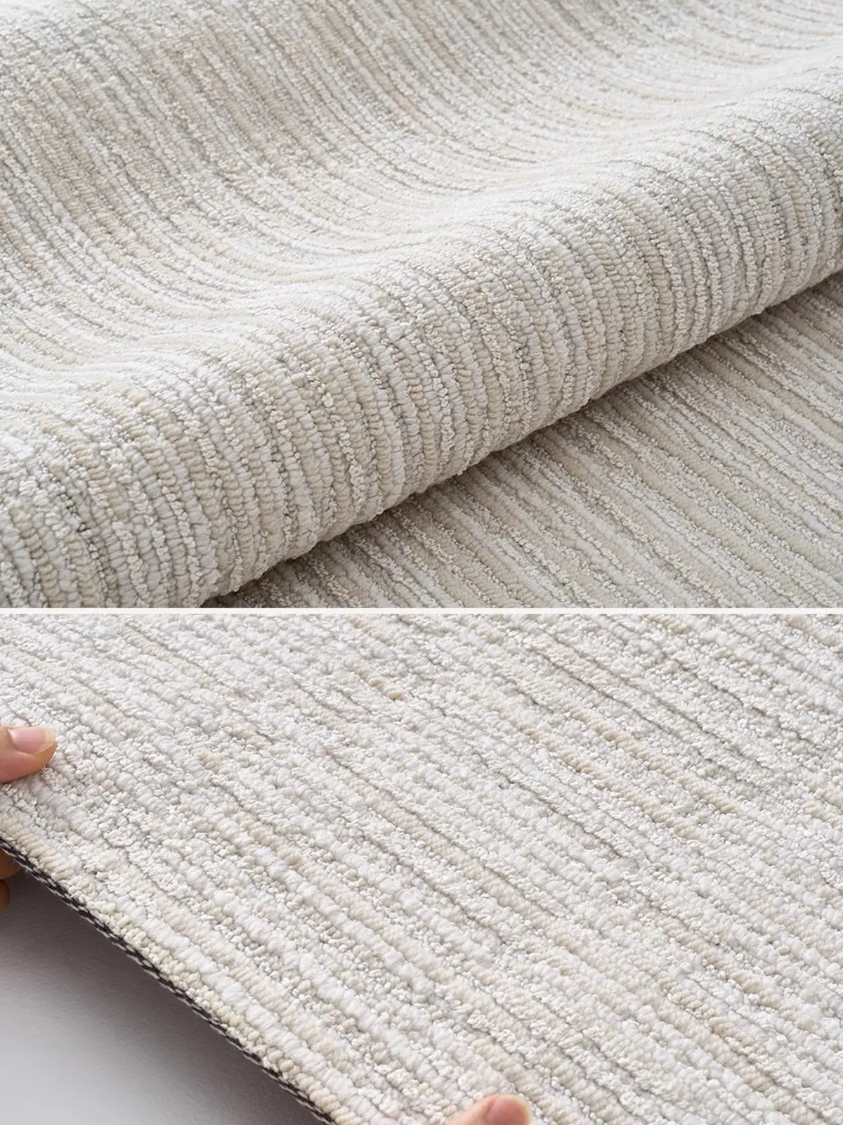 Close-up of a woven wool blend area rug featuring a soft loop texture in neutral tones. Ideal for minimalist and modern interiors